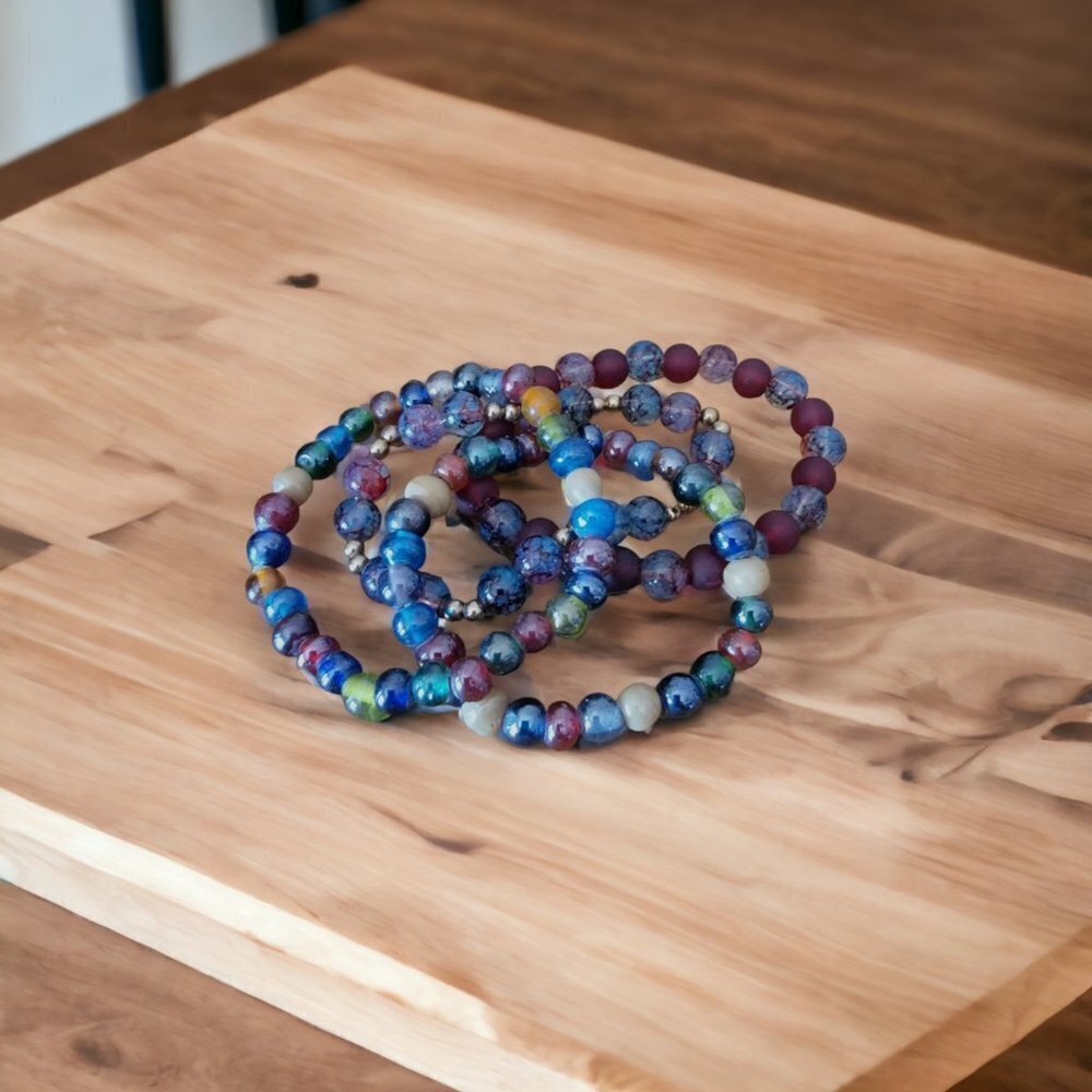 Iridescent Blue and Purple Beaded Bracelets Set of 4 Handmade‎